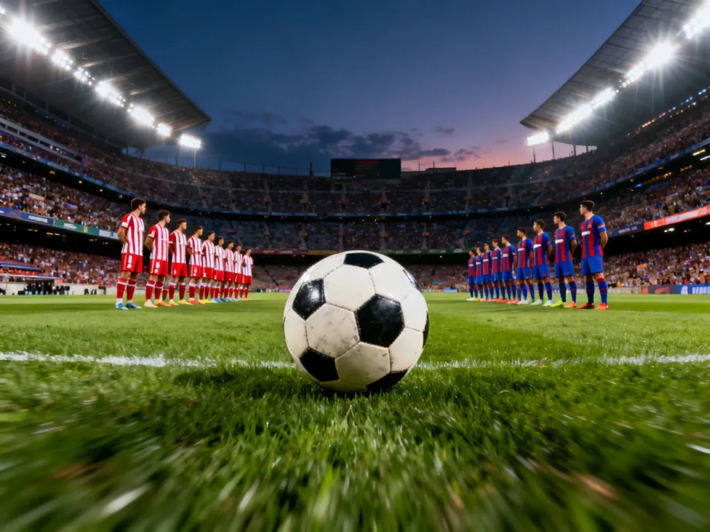Piłka na murawie stadionu, w tle drużyny Atlético i Barcelony szykujące się do rywalizacji przy jupiterach.