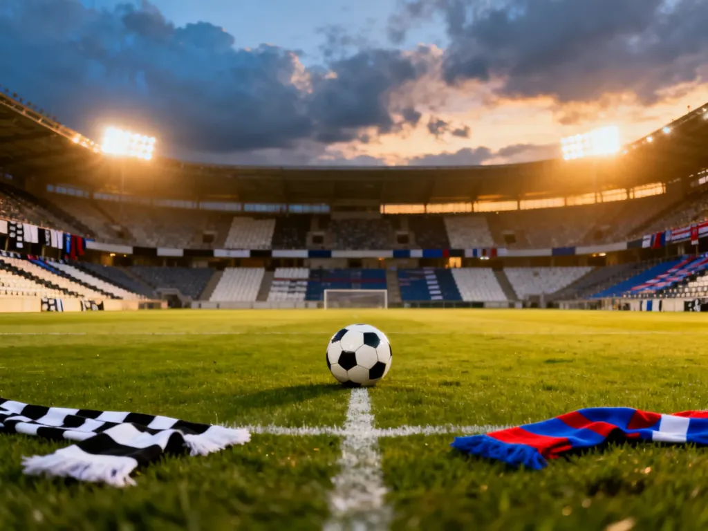 Pusty stadion piłkarski o zmierzchu, piłka na środku boiska, szaliki Newcastle i Barcelony na siedzeniach
