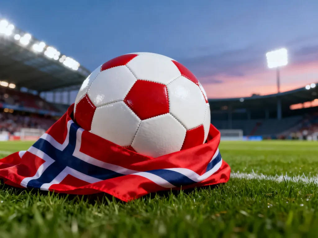 Piłka nożna owinięta flagą Norwegii na murawie stadionu, symbol reprezentacji Norwegii i jej piłkarskiej historii.