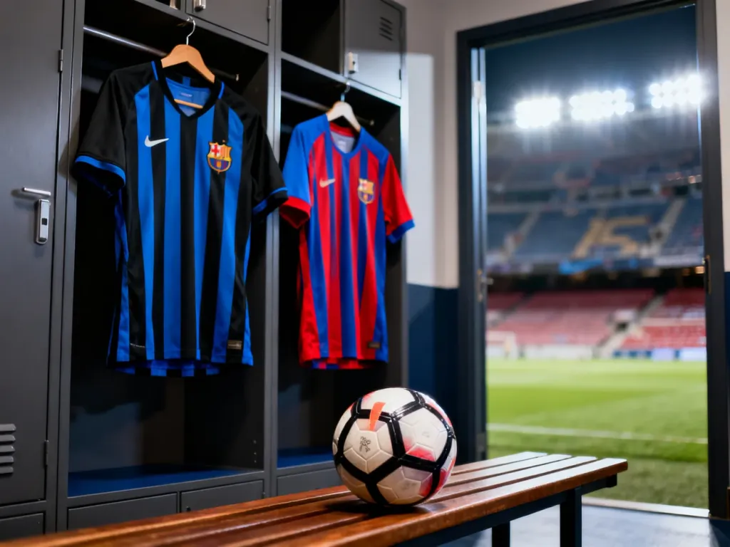 Koszulki Interu i Barcelony obok siebie w szatni, piłka na ławce, widoczne w tle światła stadionu