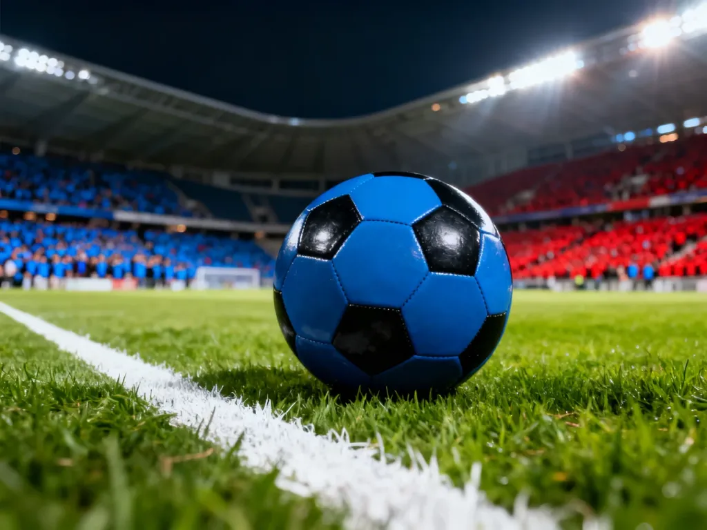 Piłka na murawie przy linii bocznej, w tle stadion z niebieskimi i czerwonymi kibicami przed meczem Club Brugge – Atlético