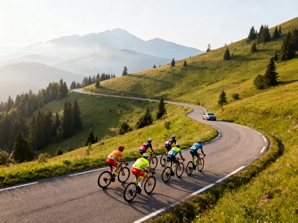 Kolarze szosowi wspinają się krętą górską szosą Tour de Pologne wśród zielonych wzgórz o poranku.