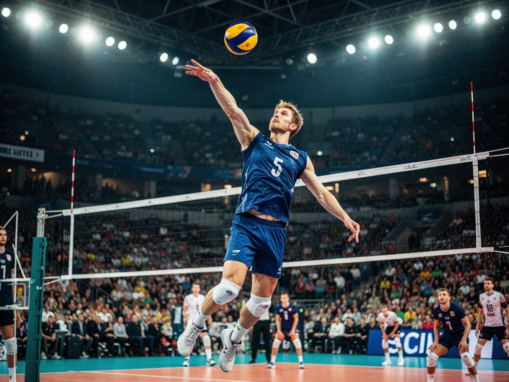 Słoweński siatkarz wykonujący dynamiczny atak nad siatką podczas meczu w wypełnionej hali sportowej.