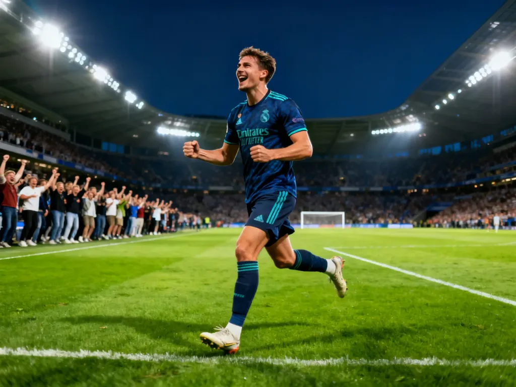 Piłkarz świętujący zdobycie bramki na wypełnionym stadionie podczas meczu Ligi Konferencji Europy.