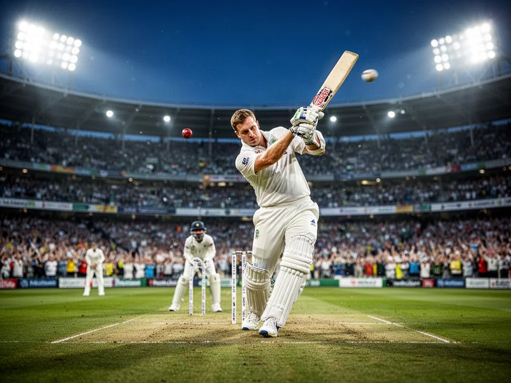 Batsman w białym stroju wykonuje zamach kijem podczas meczu krykieta na wypełnionym stadionie w świetle reflektorów.