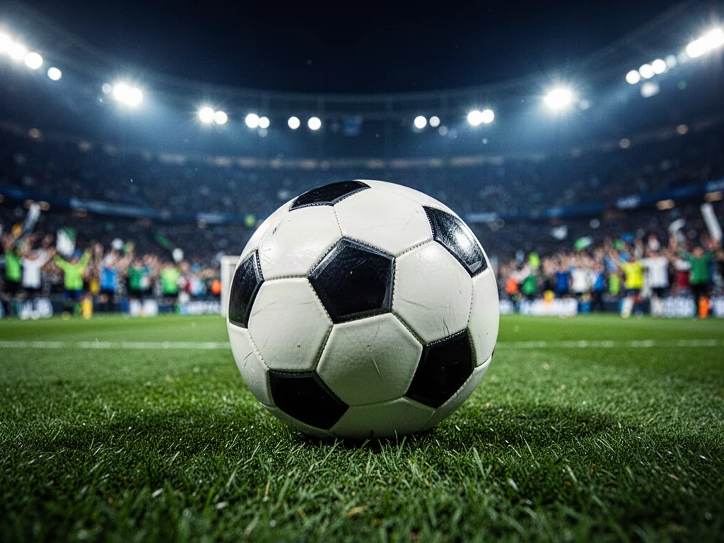 Profesjonalna piłka nożna na murawie stadionu w świetle jupiterów przed meczem Rayo Vallecano z Realem Madryt.