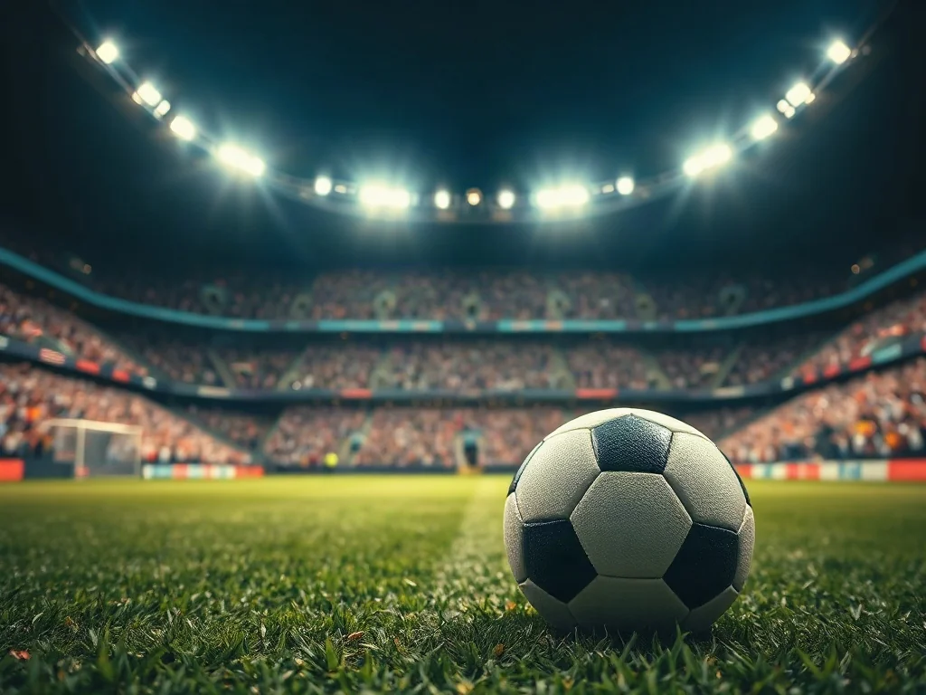 Profesjonalna piłka nożna na murawie stadionu w świetle reflektorów podczas meczu Mistrzostw Świata.