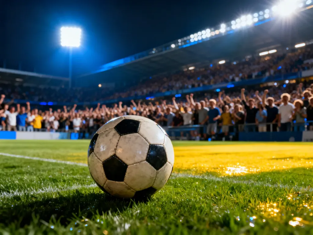 Piłka do futbolu na murawie oświetlonego stadionu podczas meczu Ligi Konferencji Europy.