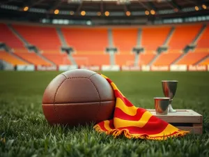 Oświetlona murawa stadionu piłkarskiego podczas wieczornego meczu z widocznymi na trybunach kibicami.