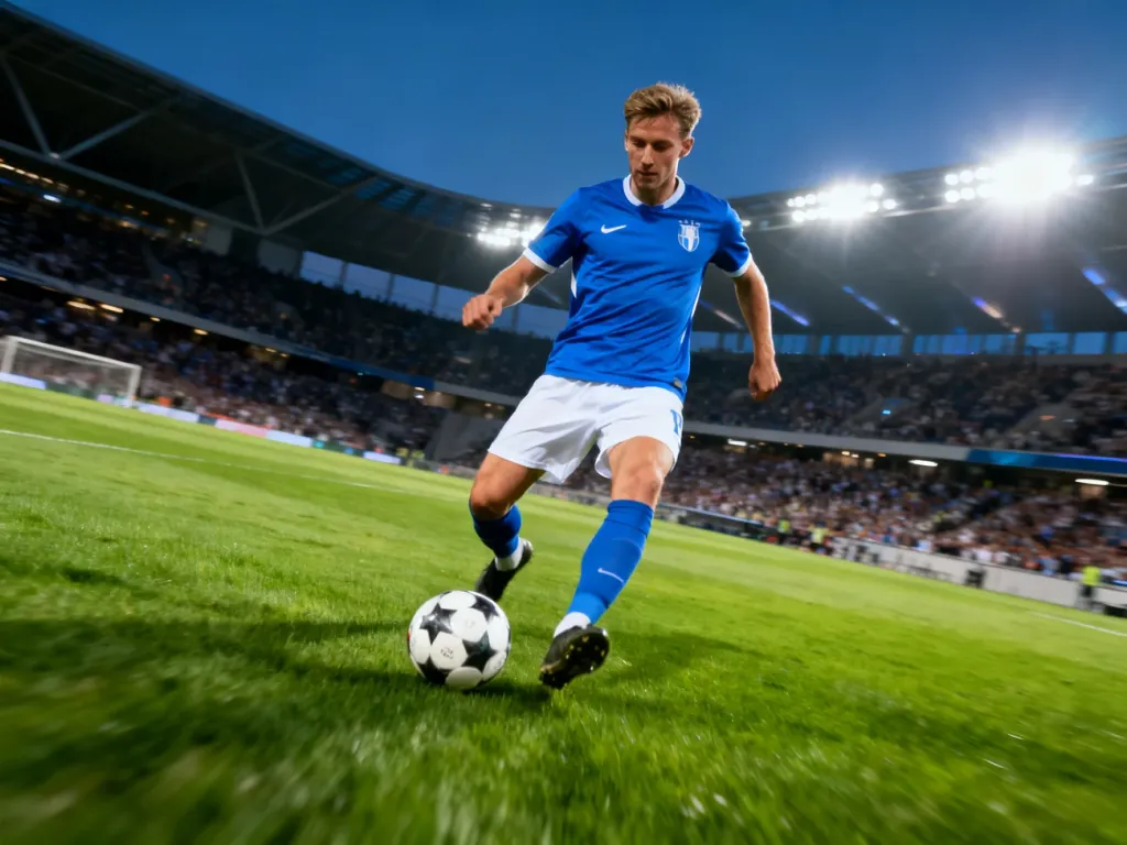 Piłkarz Lecha Poznań prowadzi piłkę na murawie stadionu w trakcie meczu przy sztucznym oświetleniu.