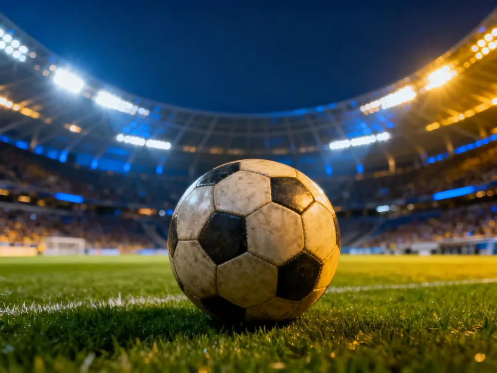 Piłka do gry na idealnie przystrzyżonej murawie stadionu w świetle reflektorów przed meczem Real Madryt – Al-Hilal.