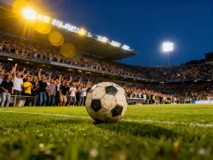 Narciarz wykonujący efektowny skok z chwytem nart na tle ośnieżonych gór i stadionu olimpijskiego.