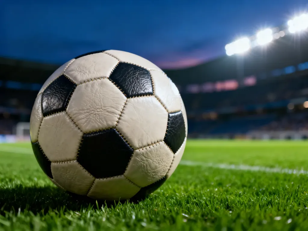Skórzana piłka nożna na idealnie przystrzyżonej murawie stadionu w świetle jupiterów o zmierzchu.