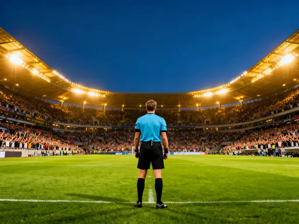 Sędzia na murawie nowoczesnego stadionu wypełnionego kibicami podczas wieczornego meczu mistrzostw świata.
