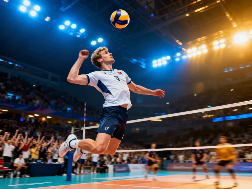 Siatkarz w dynamicznym wyskoku wykonuje atak na piłkę podczas meczu w hali sportowej.