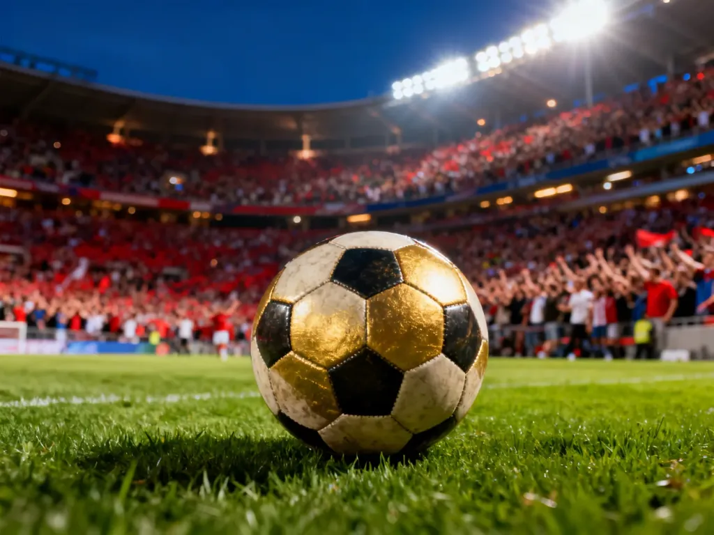 Piłka do gry na murawie stadionu piłkarskiego w świetle jupiterów przed meczem FC Barcelona – Mallorca.