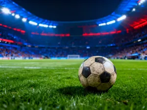 Piłkarz Rakowa Częstochowa prowadzi piłkę podczas dynamicznego meczu na stadionie w świetle jupiterów.