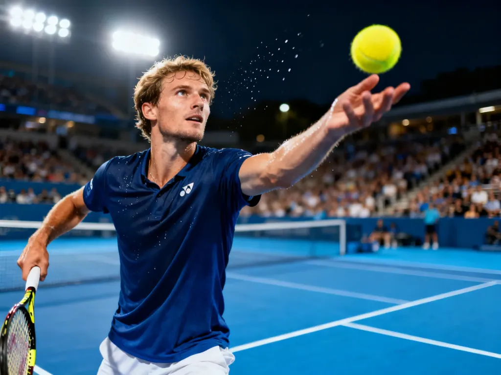 Tenisista wykonujący dynamiczny serwis na niebieskim korcie podczas nocnego meczu Australian Open.
