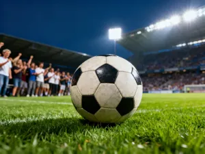 Piłkarz z piłką na murawie stadionu w świetle reflektorów podczas wieczornego meczu.