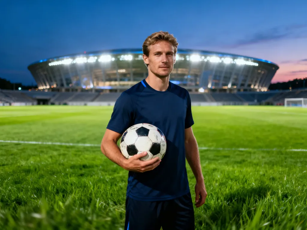 Piłkarz z piłką na murawie stadionu w świetle reflektorów podczas wieczornego meczu.